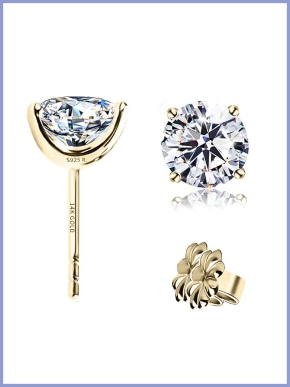 14K Gold Post Sterling Silver Round Cut CZ Stud Earrings Hypoallergenic